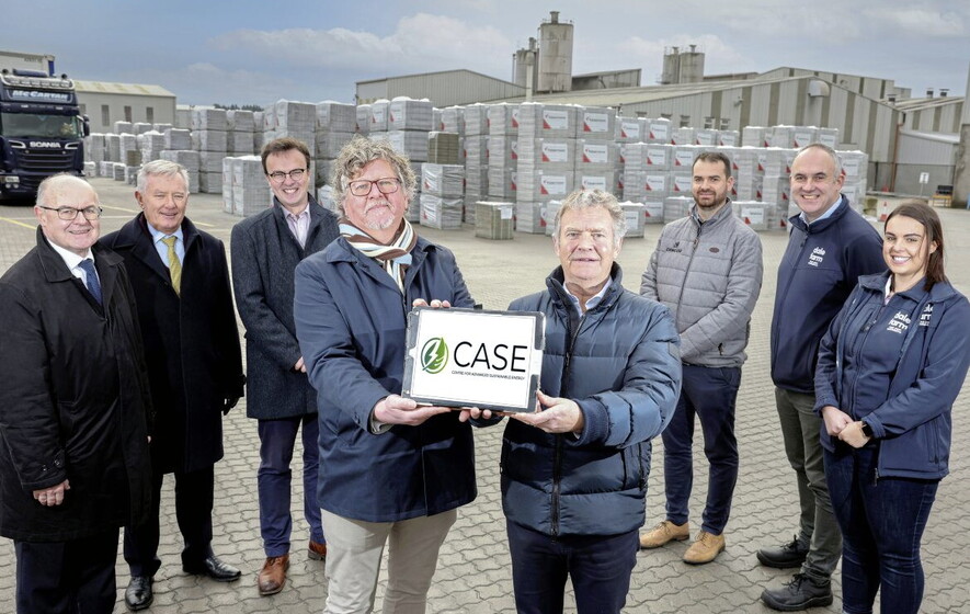 Pictured (L-R) is Dr Paul Madden (Centre for Competitiveness), Graham Maze (MD, Road Safety Contracts), Dr James Young, Martin Doherty (Centre for Advanced Sustainable Energy), David Henderson (MD, Tobermore), Allistair Wilkinson (CemCor Ltd.), Ed Wright (Dale Farm), Chloe Skillen (Dale Farm).